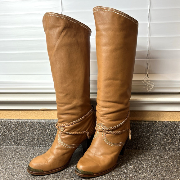 Zodiac USA Knee High Boots Cognac Faux Leather Womens Sz 7 M High Heeled Pull On - Picture 1 of 10